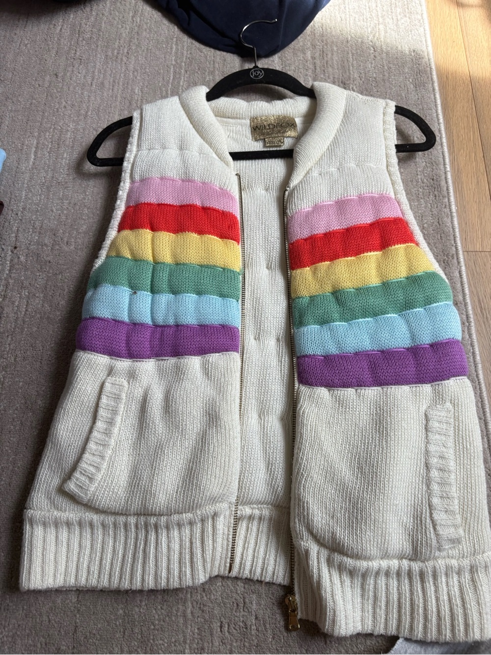 Wild fox Cream Knit Vest with Rainbow Stripes - Cozy Layering Vest